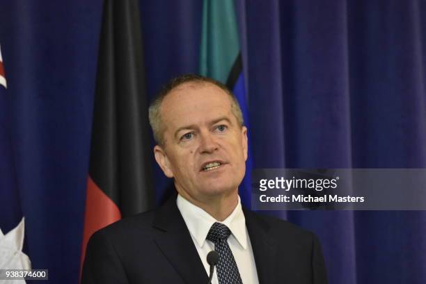 The Leader of the Opposition Bill Shorten is seen during a press conference at Parliament House on March 27, 2018 in Canberra, Australia. Today Bill...