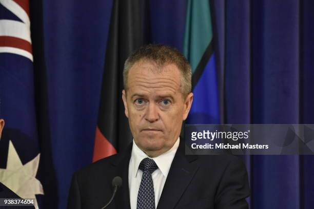 The Leader of the Opposition Bill Shorten is seen during a press conference at Parliament House on March 27, 2018 in Canberra, Australia. Today Bill...