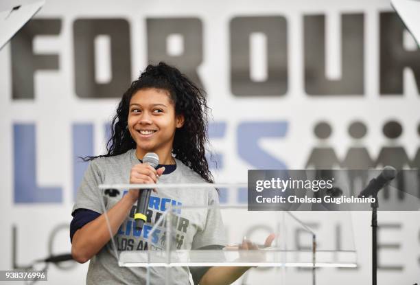Actor Sierra Capri speaks at March For Our Lives Los Angeles on March 24, 2018 in Los Angeles, California.
