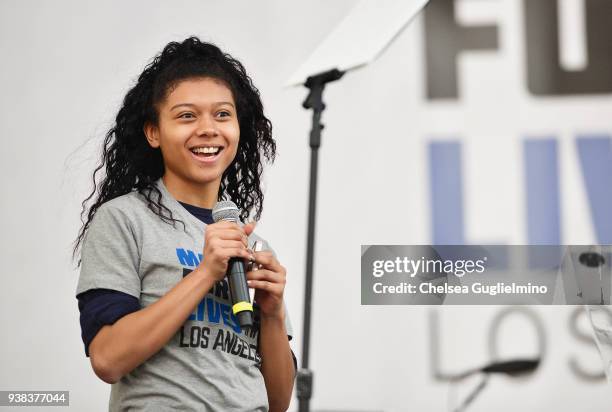 Actor Sierra Capri speaks at March For Our Lives Los Angeles on March 24, 2018 in Los Angeles, California.