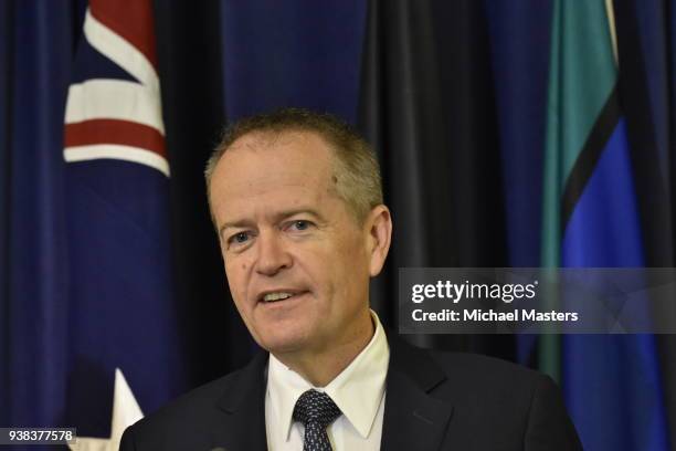 The Leader of the Opposition Bill Shorten is seen during a press conference at Parliament House on March 27, 2018 in Canberra, Australia. Today Bill...