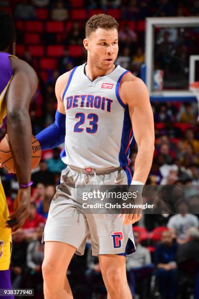 Blake Griffin of the Detroit Pistons handles the ball against the Los Angeles Lakers on March 26, 2018 at Little Caesars Arena in Detroit, Michigan....