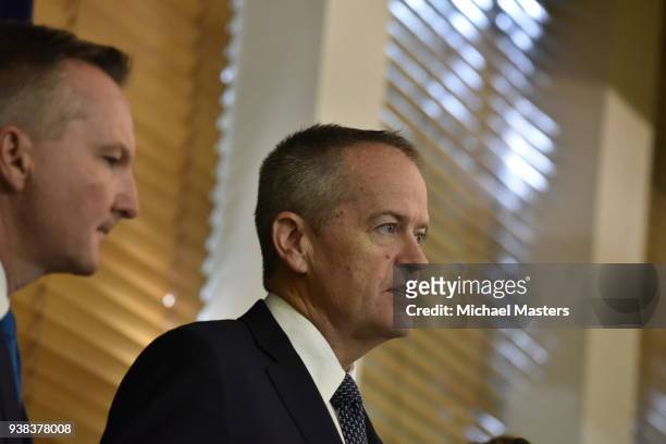 The Leader of the Opposition Bill Shorten and Shadow Treasurer Chris Bowen are seen during a press conference at Parliament House on March 27, 2018...