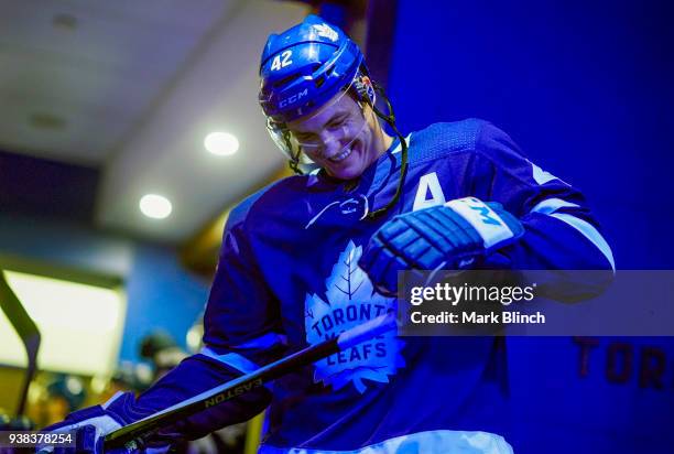 Tyler Bozak of the Toronto Maple Leafs prepares to face the Buffalo Sabres at the Air Canada Centre on March 26, 2018 in Toronto, Ontario, Canada.