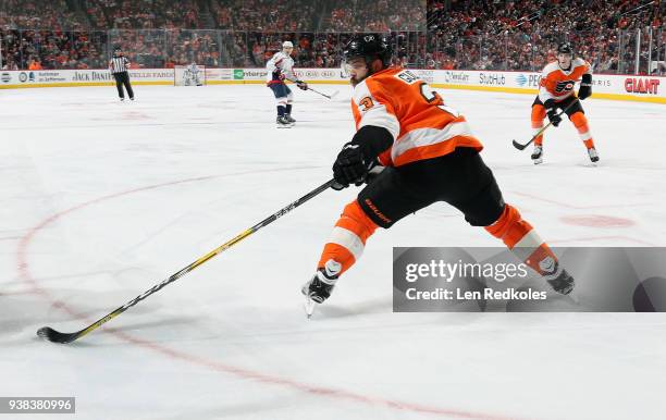 Radko Gudas of the Philadelphia Flyers skates back on defense against the Washington Capitals on March 18, 2018 at the Wells Fargo Center in...