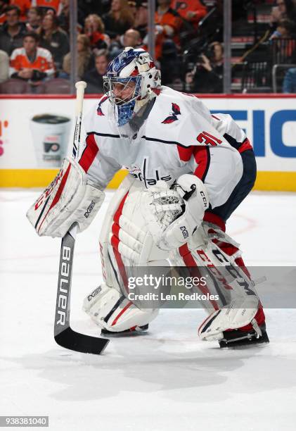 Philipp Grubauer of the Washington Capitals prepares to stop a shot on goal against the Philadelphia Flyers on March 18, 2018 at the Wells Fargo...