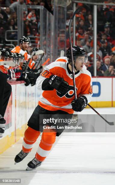 Jordan Weal of the Philadelphia Flyers skates against the Washington Capitals on March 18, 2018 at the Wells Fargo Center in Philadelphia,...