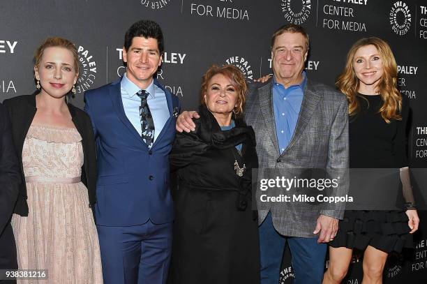 Actors Lecy Goranson, Michael Fishman, Roseanne Barr, John Goodman, and Sarah Chalke from the case of "Roseanne" attend The Paley Center For Media...