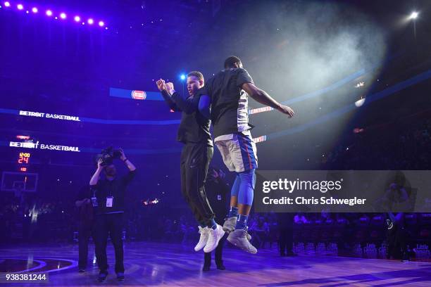 Blake Griffin and Andre Drummond of the Detroit Pistons before the game against the Los Angeles Lakers on March 26, 2018 at Little Caesars Arena in...