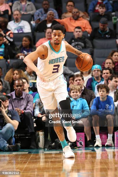 Jeremy Lamb of the Charlotte Hornets handles the ball against the New York Knicks on March 26, 2018 at Spectrum Center in Charlotte, North Carolina....