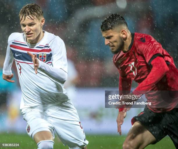 Martin Odegaard of Norway, Thomas Strakosha of Albania during International friendly match between Albania and Norway on March 26, 2018 at Elbasan...