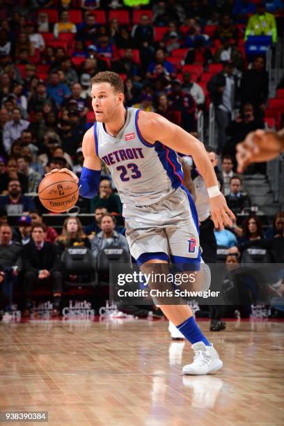 Blake Griffin of the Detroit Pistons handles the ball against the Los Angeles Lakers on March 26, 2018 at Little Caesars Arena in Detroit, Michigan....