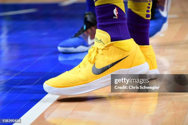 The sneakers of Travis Wear of the Los Angeles Lakers during the game against the Detroit Pistons on March 26, 2018 at Little Caesars Arena in...