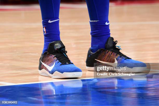 The sneakers of James Ennis III of the Detroit Pistons during the game against the Los Angeles Lakers on March 26, 2018 at Little Caesars Arena in...