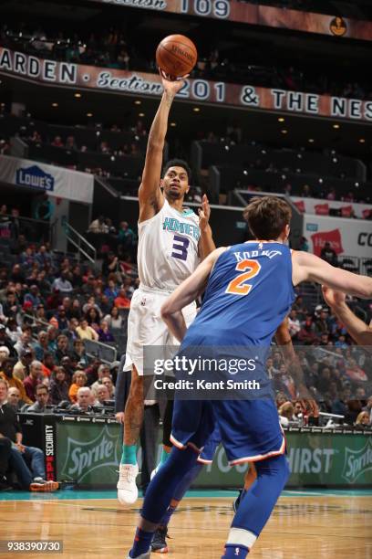 Jeremy Lamb of the Charlotte Hornets shoots the ball against the New York Knicks on March 26, 2018 at Spectrum Center in Charlotte, North Carolina....