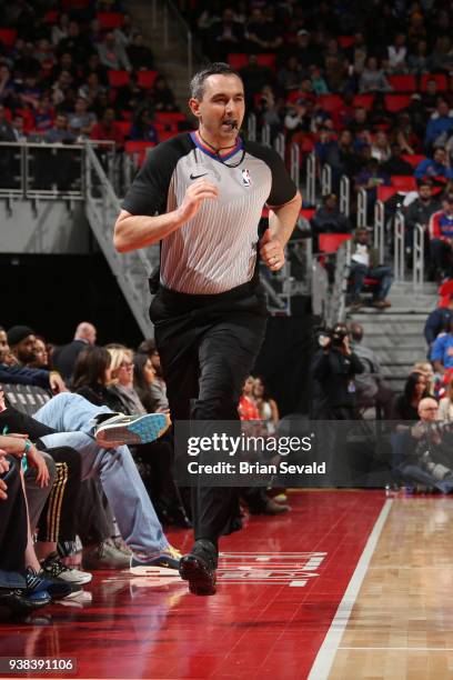 Referee Brett Nansel runs down the court during the game between the Los Angeles Lakers and Detroit Pistons on March 26, 2018 at Little Caesars Arena...