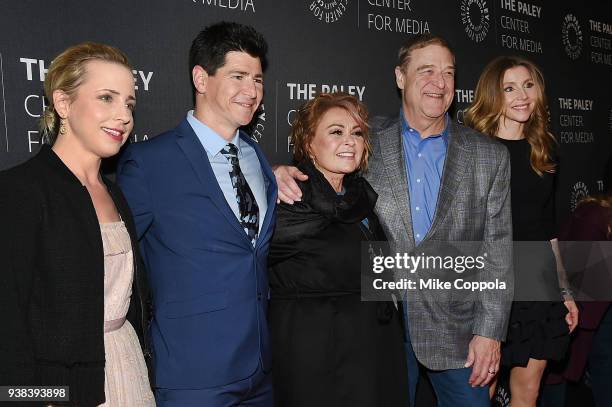 Actors Lecy Goranson, Michael Fishman, Roseanne Barr, John Goodman, and Sarah Chalke from the case of "Roseanne" attend The Paley Center For Media...
