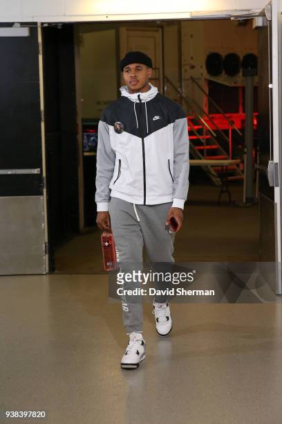 Marcus Georges-Hunt of the Minnesota Timberwolves arrives to the arena prior to the game against the Memphis Grizzlies on March 26, 2018 at Target...