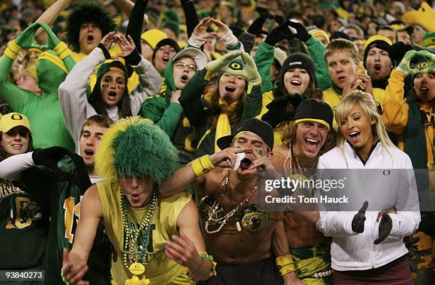 Fans of the Oregon Ducks cheer on their team during the game against Oregon State Beavers at Autzen Stadium on December 3, 2009 in Eugene, Oregon.