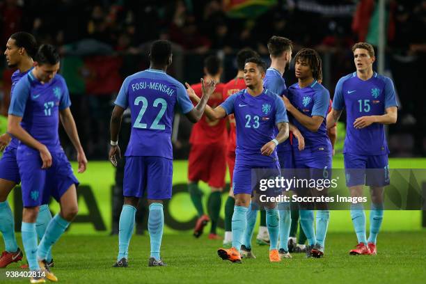 Timothy Fosu Mensah of Holland, Justin Kluivert of Holland during the International Friendly match between Portugal v Holland at the Stade de Geneve...