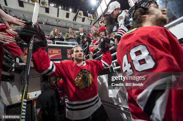 Brandon Saad of the Chicago Blackhawks walks out to the ice prior to the game against the San Jose Sharks at the United Center on March 26, 2018 in...