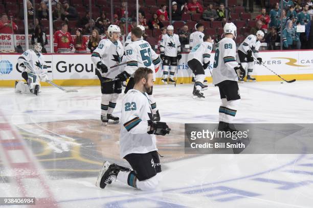 Barclay Goodrow of the San Jose Sharks warms up with teammates prior to the game against the Chicago Blackhawks at the United Center on March 26,...
