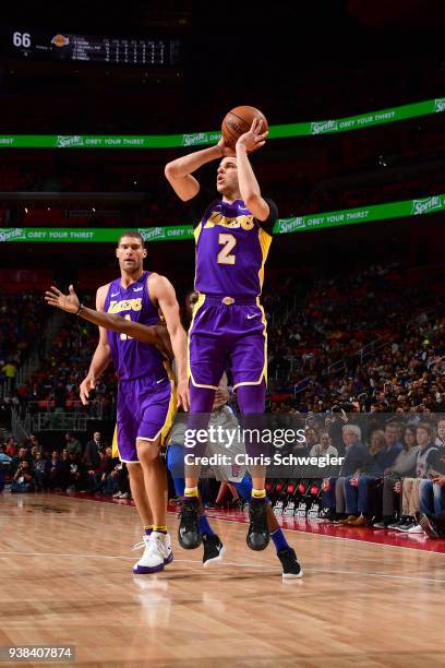 Lonzo Ball of the Los Angeles Lakers shoots the ball against the Detroit Pistons on March 26, 2018 at Little Caesars Arena in Detroit, Michigan. NOTE...