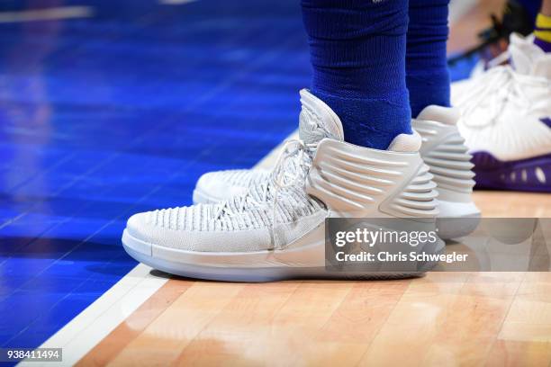 The sneakers of Blake Griffin of the Detroit Pistons during the game against the Los Angeles Lakers on March 26, 2018 at Little Caesars Arena in...