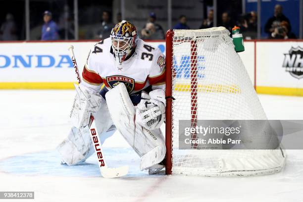 James Reimer of the Florida Panthers defends the goal against the New York Islanders in the second period during their game at Barclays Center on...