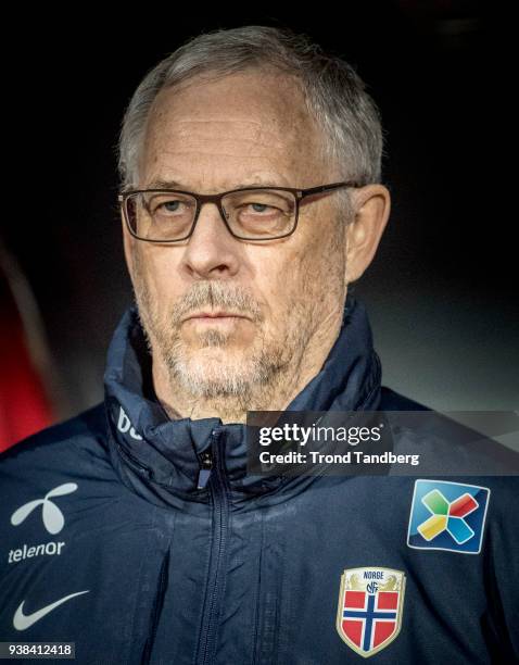Lars Lagerback of Norway during International friendly match between Albania and Norway on March 26, 2018 at Elbasan Arena in Elbasan, Albania.