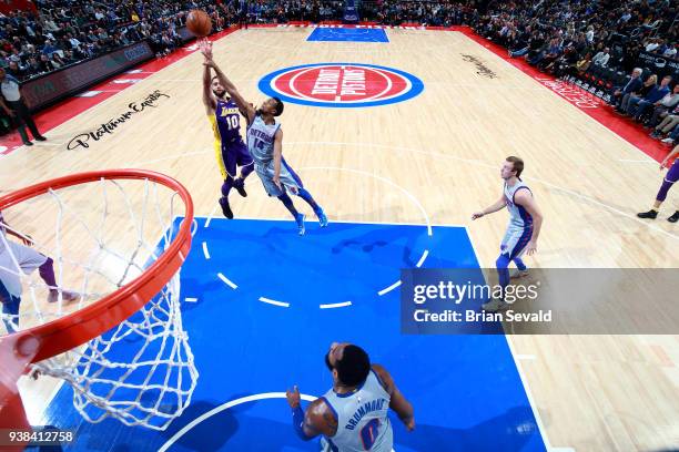 Tyler Ennis of the Los Angeles Lakers shoots the ball during the game against the Detroit Pistons on March 26, 2018 at Little Caesars Arena in...