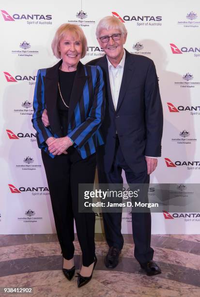 Michael Parkinson and his wife Mary Parkinson arrive at Australia House for a celebration party for Qantas on March 26, 2018 in London, United...