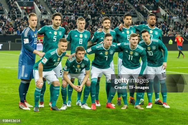 Germany's players pose for a team photo prior to the international friendly football match of Germany vs Spain in Duesseldorf, western Germany, on...