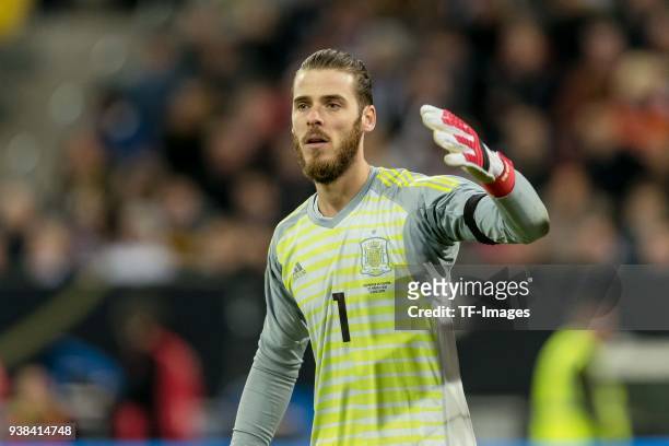 Goalkeeper David de Gea of Spain gestures during the international friendly match between Germany and Spain at Esprit-Arena on March 23, 2018 in...