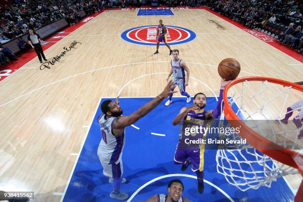 Tyler Ennis of the Los Angeles Lakers shoots the ball during the game against the Detroit Pistons on March 26, 2018 at Little Caesars Arena in...