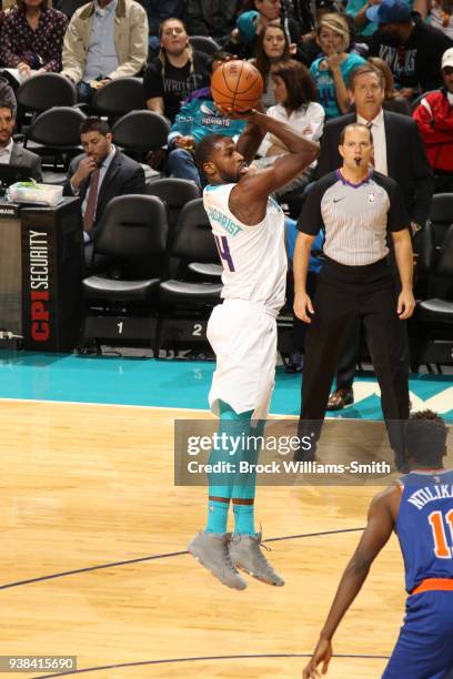Michael Kidd-Gilchrist of the Charlotte Hornets shoots the ball against the New York Knicks on March 26, 2018 at Spectrum Center in Charlotte, North...