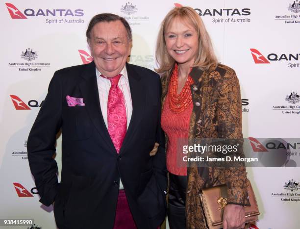 Barry Humphries and Lizzie Spender as they arrive at Australia House for a celebration party for Qantas on March 26, 2018 in London, United Kingdom....