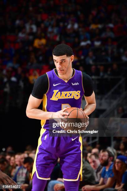 Lonzo Ball of the Los Angeles Lakers handles the ball against the Detroit Pistons on March 26, 2018 at Little Caesars Arena in Detroit, Michigan....
