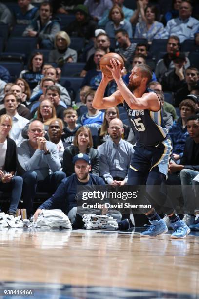 Chandler Parsons of the Memphis Grizzlies shoots the ball during the game against the Minnesota Timberwolves on March 26, 2018 at Target Center in...