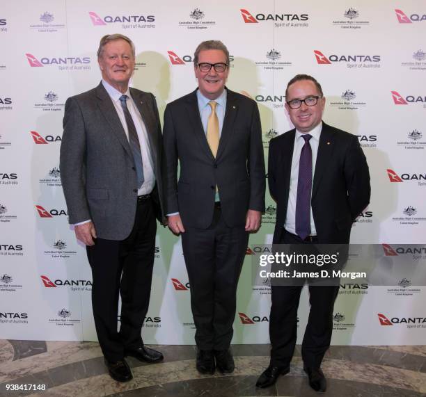 Qantas Group Chairman Leigh Clifford, Australian High Commisioner to UK Alexander Downer and Qantas Group CEO Alan Joyce as they arrive at Australia...