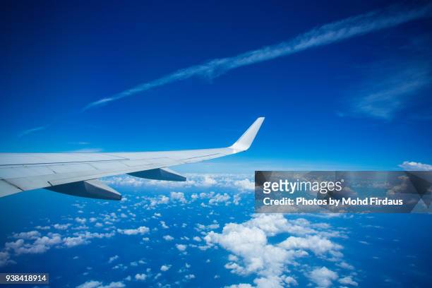 airplane wing seen through window. - plane wing stock pictures, royalty-free photos & images