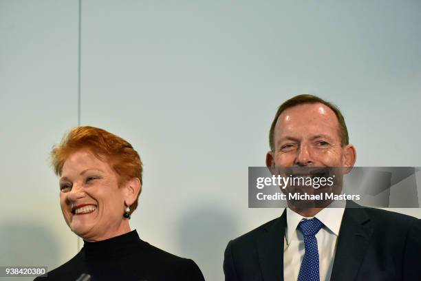 Pauline Hanson and Tony Abbott stand together during the launch of 'Pauline, In Her Own Words' on March 27, 2018 in Canberra, Australia. Her first...