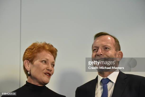 Pauline Hanson and Tony Abbott stand together during the launch of 'Pauline, In Her Own Words' on March 27, 2018 in Canberra, Australia. Her first...