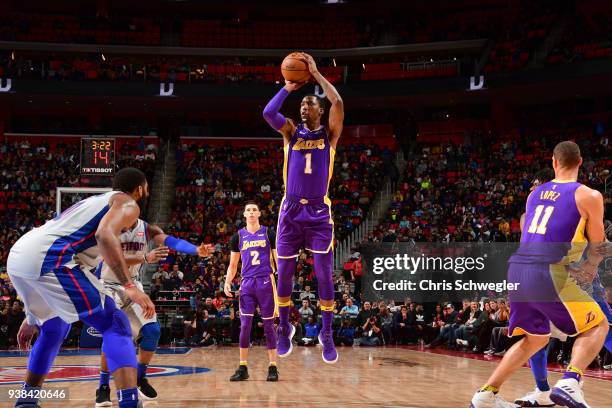 Kentavious Caldwell-Pope of the Los Angeles Lakers shoots the ball against the Detroit Pistons on March 26, 2018 at Little Caesars Arena in Detroit,...