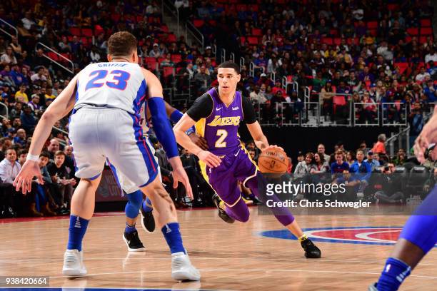 Lonzo Ball of the Los Angeles Lakers handles the ball against the Detroit Pistons on March 26, 2018 at Little Caesars Arena in Detroit, Michigan....