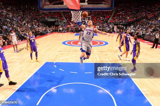 Blake Griffin of the Detroit Pistons dunks the ball against the Los Angeles Lakers on March 26, 2018 at Little Caesars Arena in Detroit, Michigan....