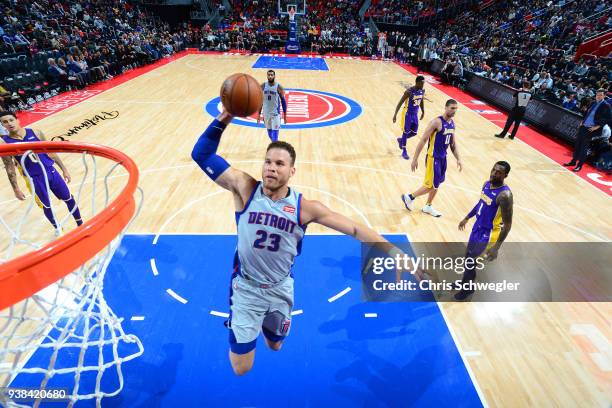 Blake Griffin of the Detroit Pistons dunks the ball against the Los Angeles Lakers on March 26, 2018 at Little Caesars Arena in Detroit, Michigan....