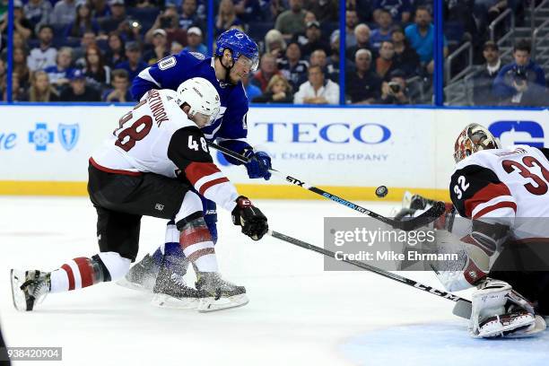 Miller of the Tampa Bay Lightning and Jordan Martinook of the Arizona Coyotes fight for the puck during a game at Amalie Arena on March 26, 2018 in...