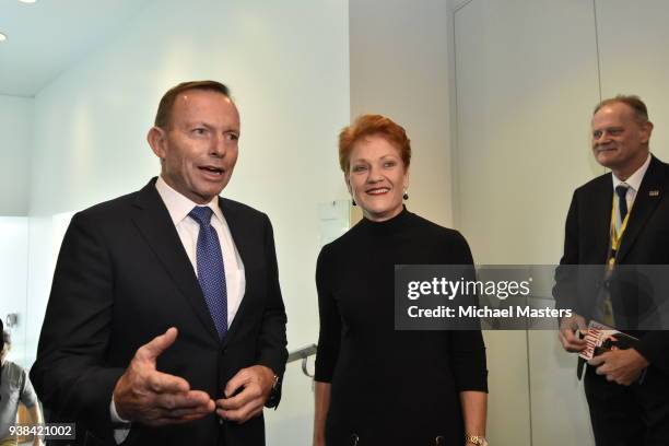 Tony Abbott arrives with Pauline Hanson to launch of 'Pauline, In Her Own Words' on March 27, 2018 in Canberra, Australia. Her first book in 11...