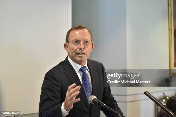 Tony Abbott makes some remarks during the launch of 'Pauline, In Her Own Words' on March 27, 2018 in Canberra, Australia. Her first book in 11 years,...